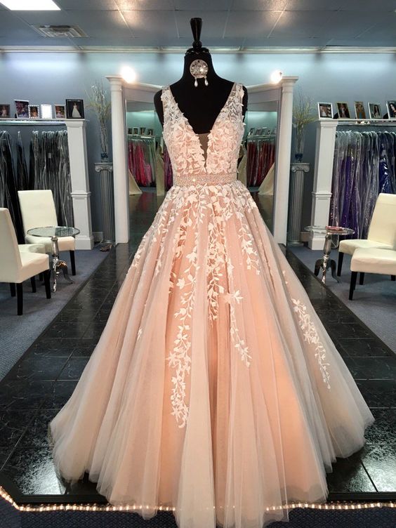 2017 Custom Made Blush Pink Appliques Prom Dress,sexy Deep V-neck Evening Dress,floor Length Party Dress,high Quality
