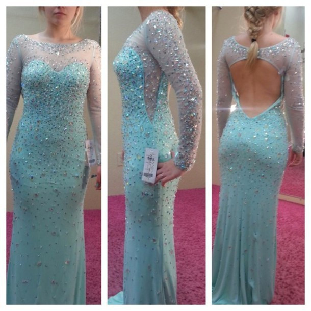 2017 Custom Made Light Blue Prom Dress,sexy Beading Evening Dress,sexy Backless Party Dress,long Sleeves Prom Dress,high Quality