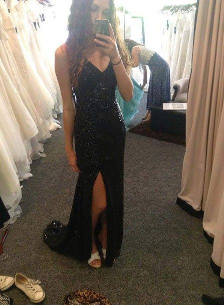 2017 Custom Made Black Prom Dress,sexy Spaghetti Straps Evening Dress,v-neck Party Dress ,side Slit Prom Dress,high Quality
