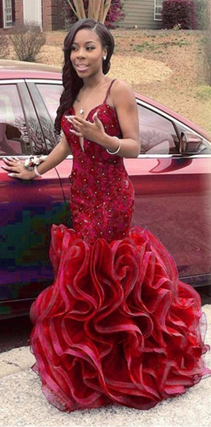 2017 Custom Made Red Prom Dress,spaghetti Straps Evening Dress,sleeveless Beading Party Dress,hands Made Flowers Prom Dress,high Quality