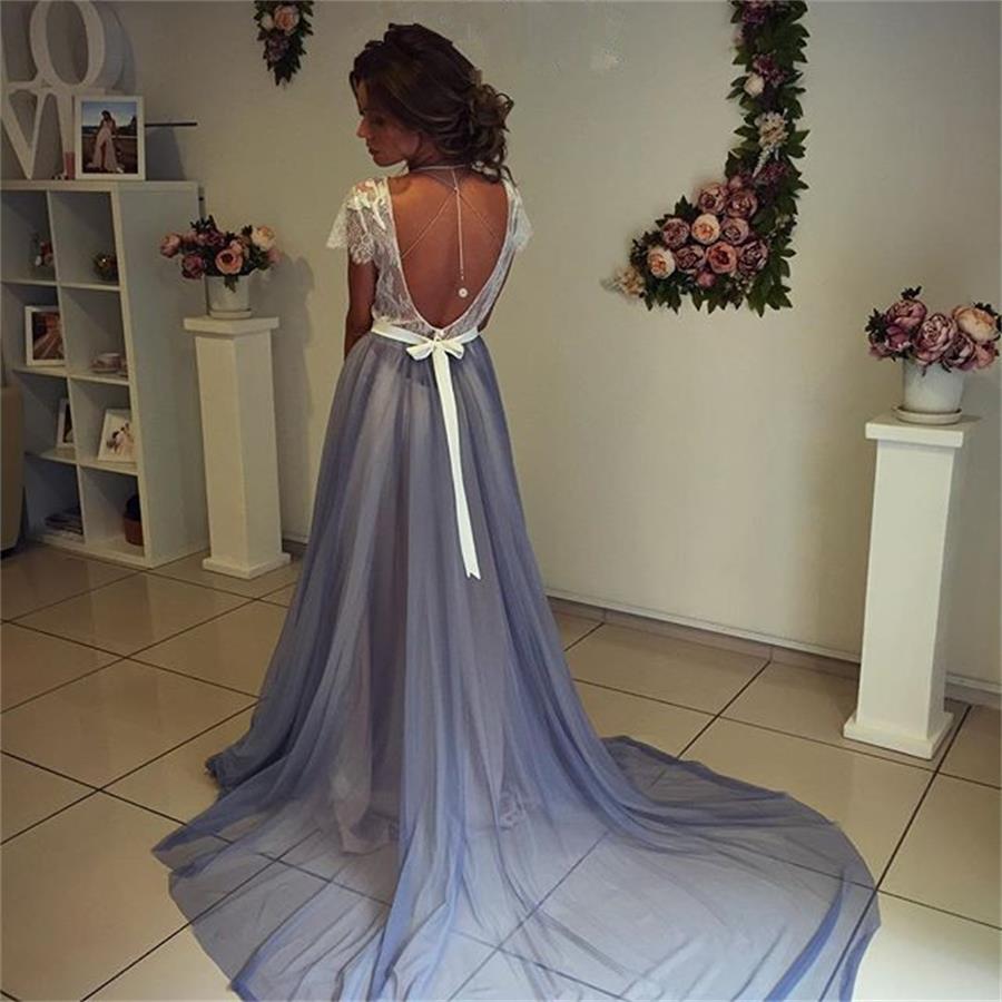 Prom Dress, Short Sleeves Prom Dress,backless Prom Dress,a-line Blue Prom Dresses,lace Top Prom Dress,sexy Prom Gowns,evening Dresses A-line
