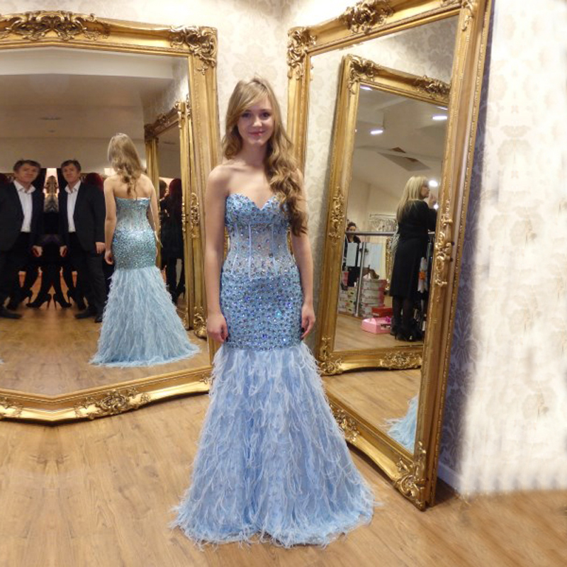 Sexy Sweetheart Light Blue Feathers Mermaid Prom Dresses 2016 Long Beaded Crystal Vestidos De Fiesta Formal Gowns