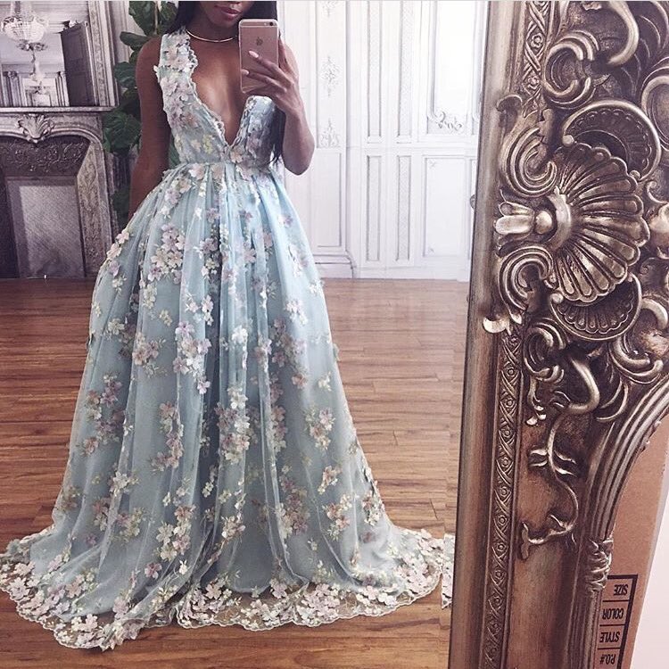 Sexy Prom Dress,v-neck Prom Dress,long Lace Prom Dress,blue Prom Dress,prom Dresses Sexy Long,prom Dresses A-line,evening Dresses With Flowers