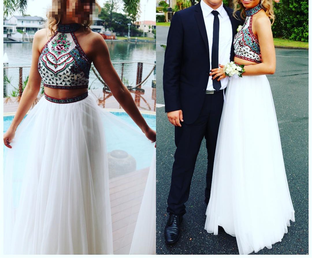 2017 Custom Made Sexy White Chiffon Prom Dress,Halter Evening Dress,Two Pieces Party Dress,Embroidery Prom Dress,High Quality