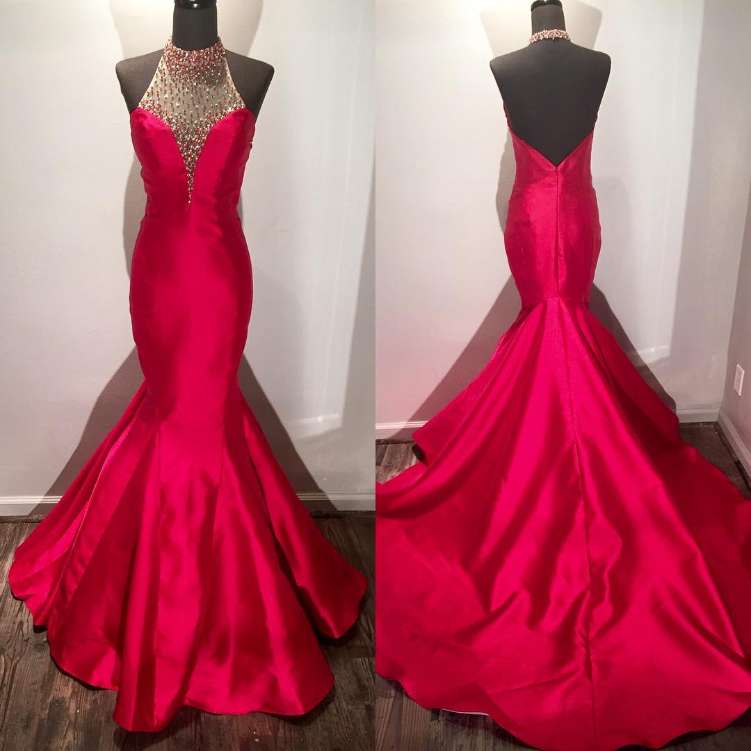 2017 Custom Made Red Mermaid Prom Dress,sexy Halter Party Dress,beading Evening Dress,sexy Backless Party Dress