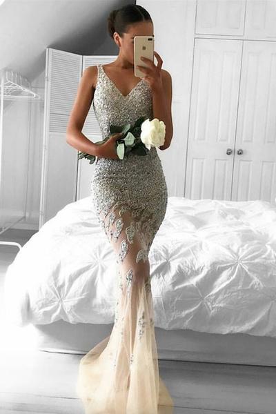 Mermaid Lace Prom Dress,appliques Sleeveless Evening Dress,beads Tulle Evening Dress