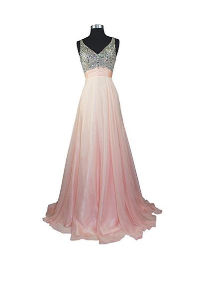A Line Prom Dress,Sexy V-neck Formal Dress,Chiffon Prom Dress With Beading,2017 High Quality Custom Dress