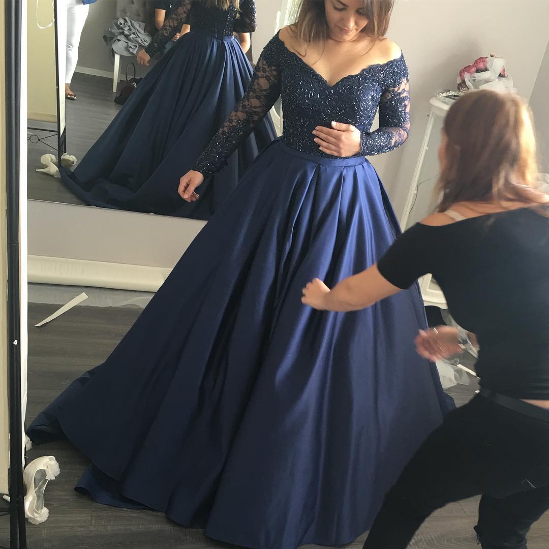 Prom Dress, Prom Dress,modest Prom Dresses,long Sleeves Navy Blue Off The Shoulder Ball Gowns Prom Dresses Lace Appliques Evening Gowns