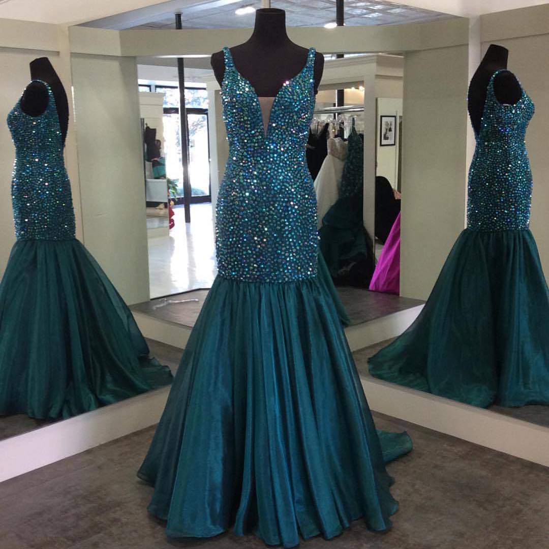 Prom Dress, V Neck Crystal Beaded Mermaid Prom Dresses 2017 Sparkly ...