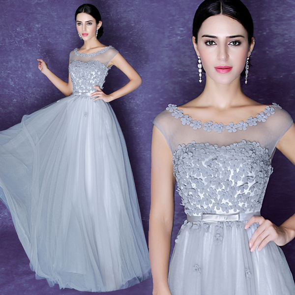 Charming Prom Dress,grey Prom Dress,tulle Prom Dress,applique Prom Dress,o-neck Prom Dress,sexy Prom Dress,prom Dress 2016