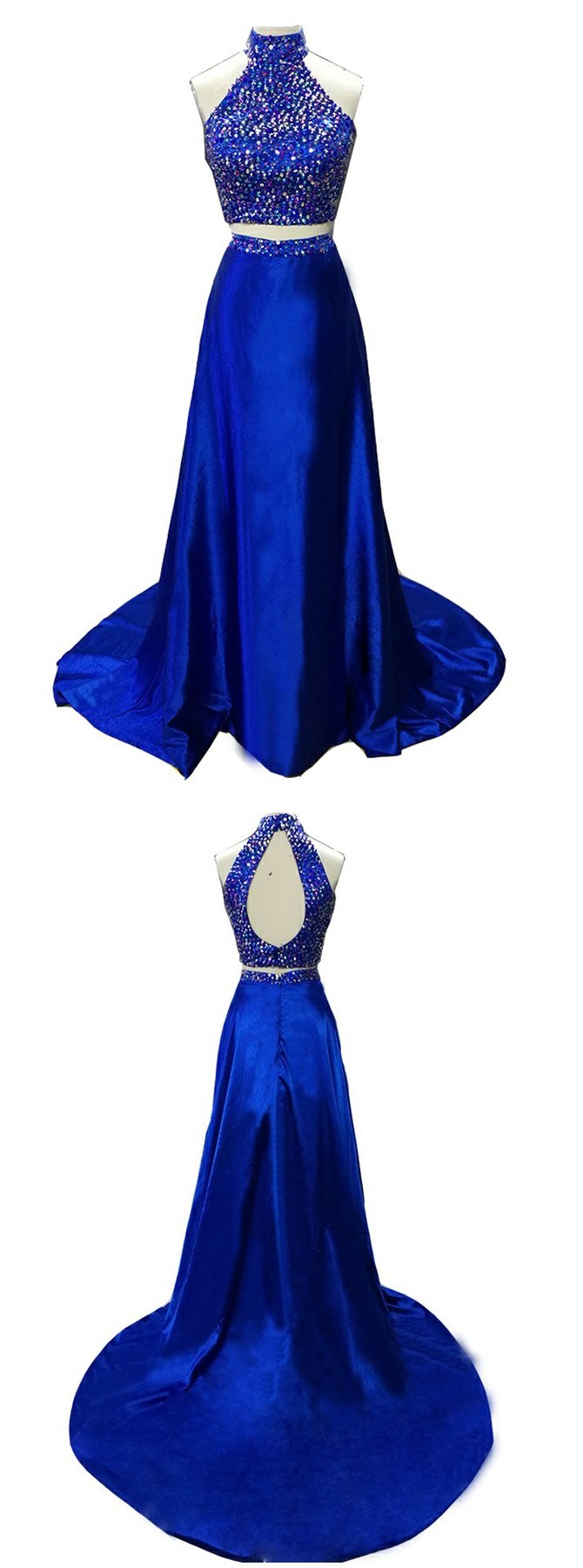Royal Blue Prom Dresses,2 Piece Prom Gown,Two Piece Prom Dresses,Satin