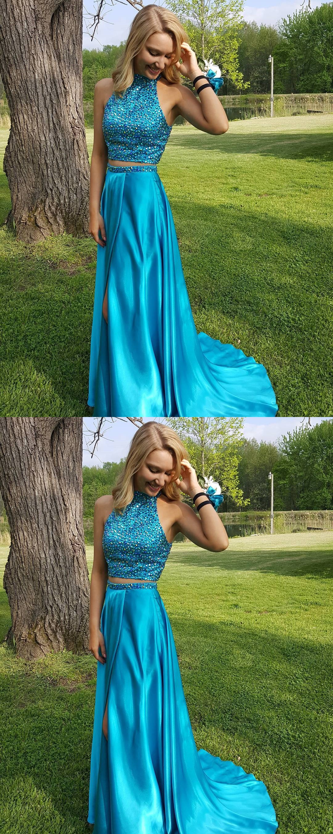 Custom Made Two Pieces Prom Dresssexy Halter Party Dressbeading Evening Dress Side Slit Party 