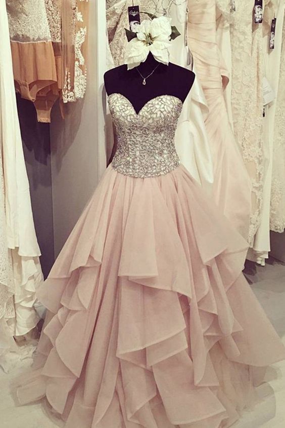 Elegant Chiffon Tiered A-line Sweetheart Sequins Long Dress ,cute Graduation Dresses