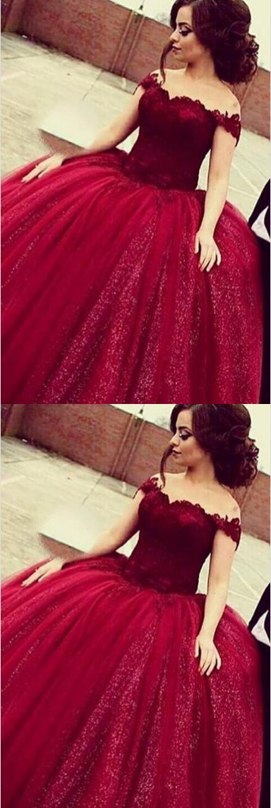 Glamorous Off Shoulder Floor-length Sequins Wine Prom Dress With Lace Top
