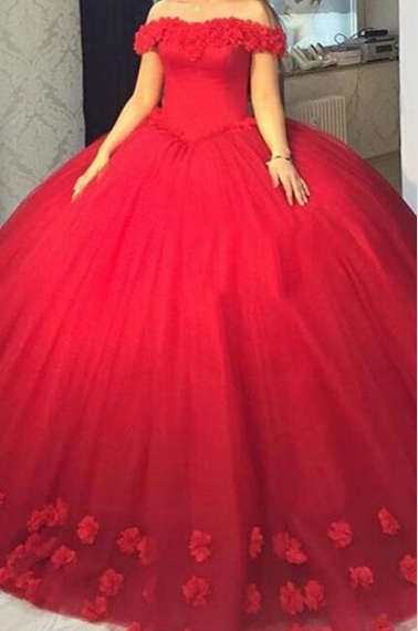 Stylish Off Shoulder Floor-length Ball Gown Red Prom Dress With Flowers
