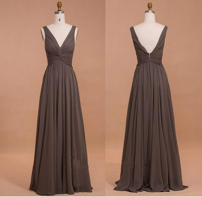 Chocolate Deep V Neck Prom Dress Draped Bodice Chiffon Bridesmaid Dress ...