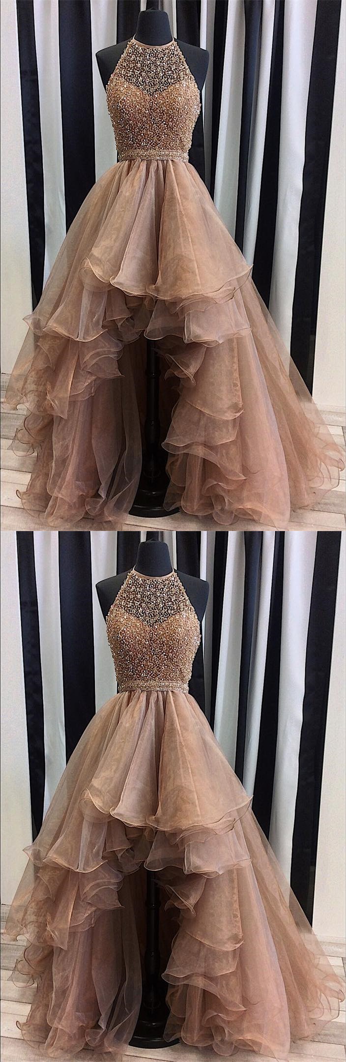 Sequins Beaded Prom Dress,organza Prom Dress,high Low Prom Dress,halter Prom Gowns,champagne Prom Dress,prom Dresses 2017