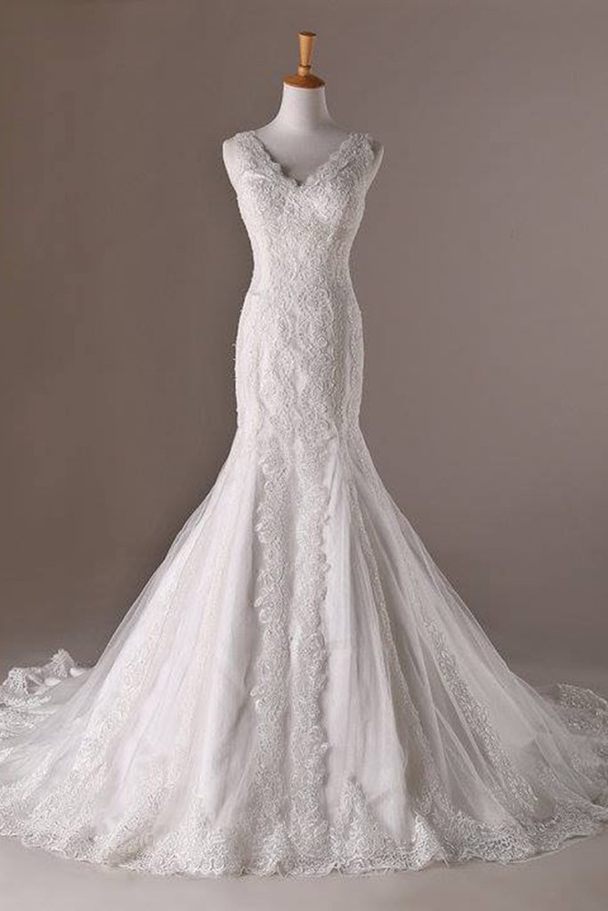 2017 White Lace Tulle V-neck Mermaid Train Long Prom Dress,wedding Dresses