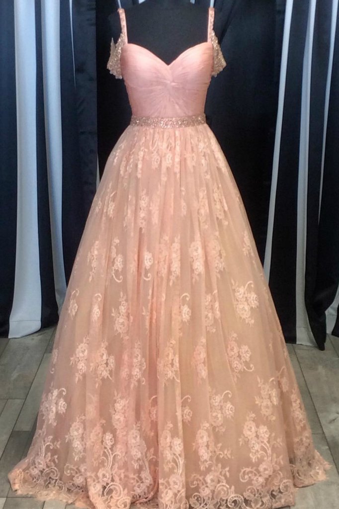 Light Orange Lace V-neck A-line Long Prom Dress,graduation Dresses With Straps