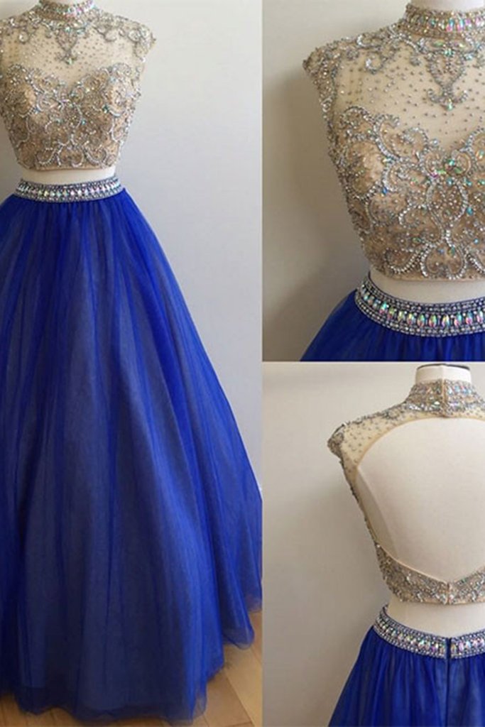blue high neck lace dress