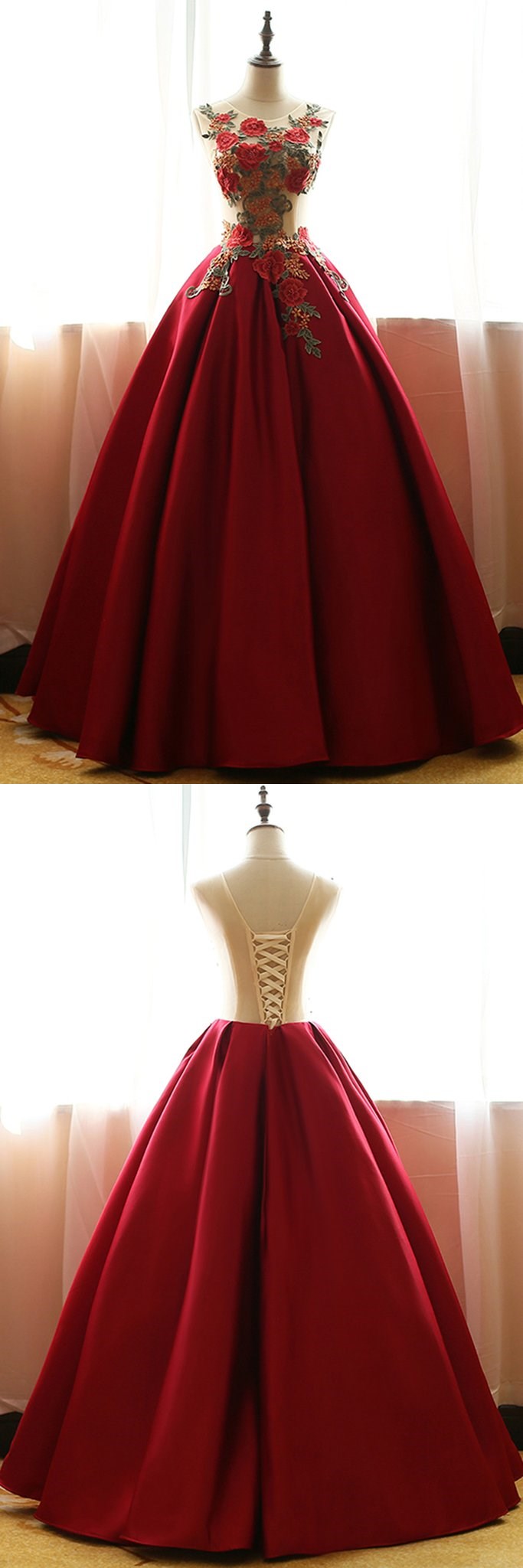 Red Chiffon Satins Rose Applique Round Neck A-line Long Prom Dresses,ball Gown Dresses