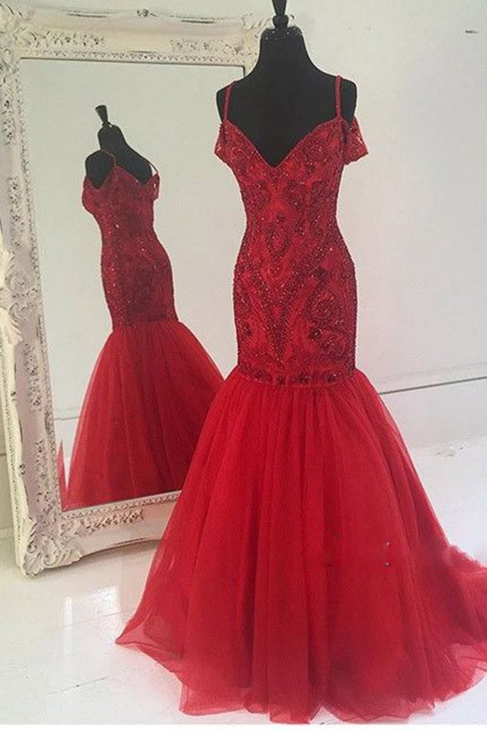 Red Tulle Sequins Beading Mermaid V-neck Long Dress,princess Floor ...