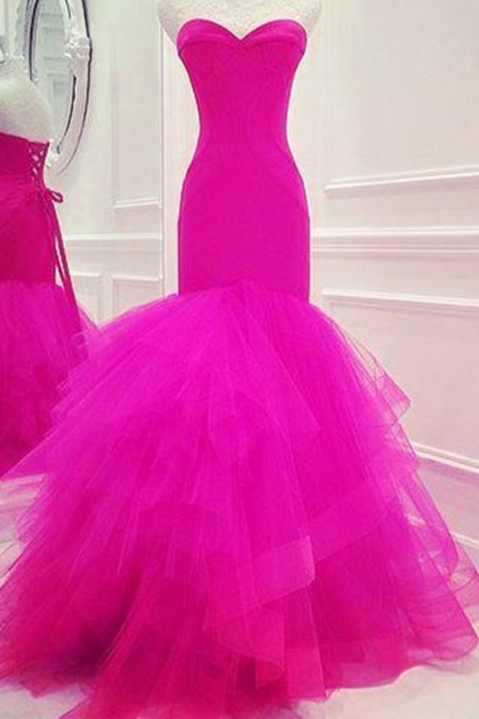 Pink Sweetheart Neckline Full Length Mermaid Prom Dress Tiered Tulle And Corset Bodice
