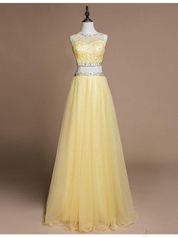 Yellow Two Piece Sequin Beading Long Prom Dress With Illusion Sweetheart Neckline
