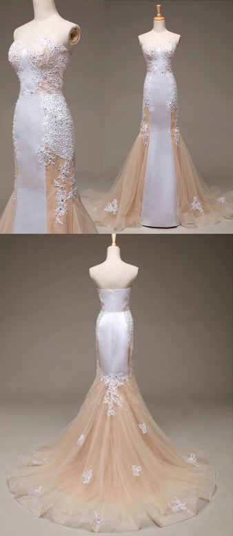 Elegant Strapless Champagne Long Prom Dress With White Lace