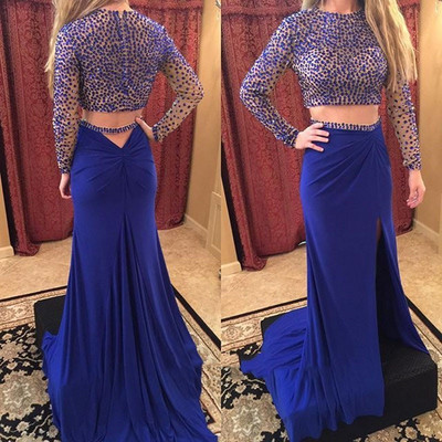 Two Piece Long Sleeves Prom Dresses, Royal Blue Prom Dresses, Mermaid Long Prom Dress Evening Dresses