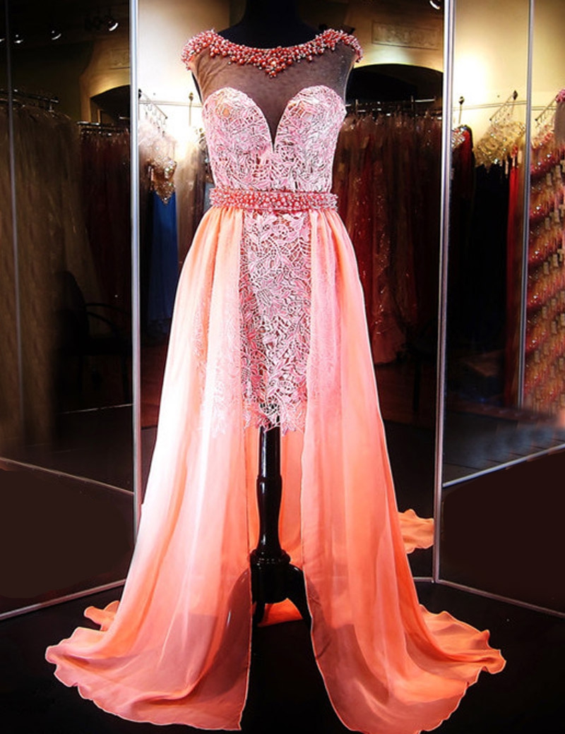 A Line Bateau Cap Sleeves High Low Peach Jeweled Prom Dress With Lace