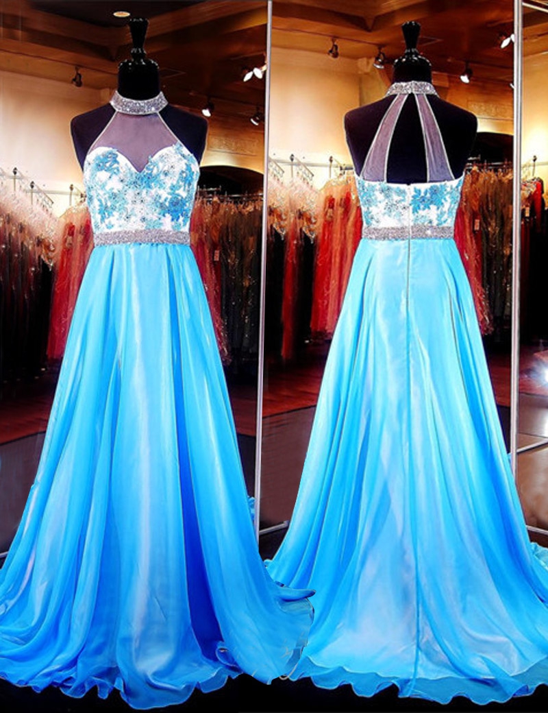A Line High Neck Sleeveless Sweep Train Beaded Appliques Illusion Back Prom Dress