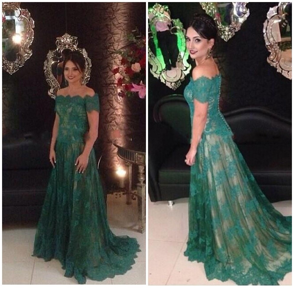 Long Prom Dresses,Lace Prom Dress, Short Sleeves Prom Dress,Lace Formal Gowns,A-line Evening Dresses,Green Prom Dress