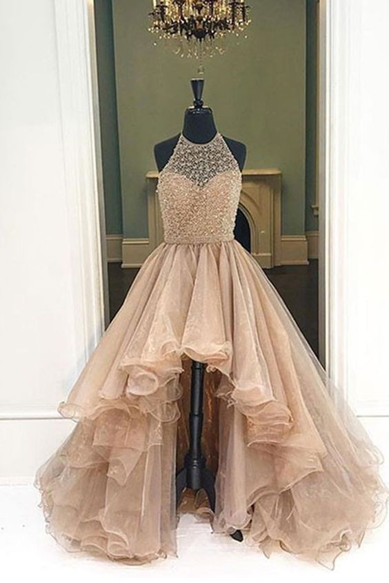 Champagne Organza Halter High Low A-line Long Dress,foemal Dresses For Teens