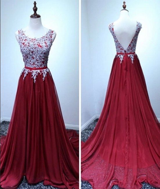 Burgundy A-line Chiffon Lace Long Prom Dress, Evening Dress