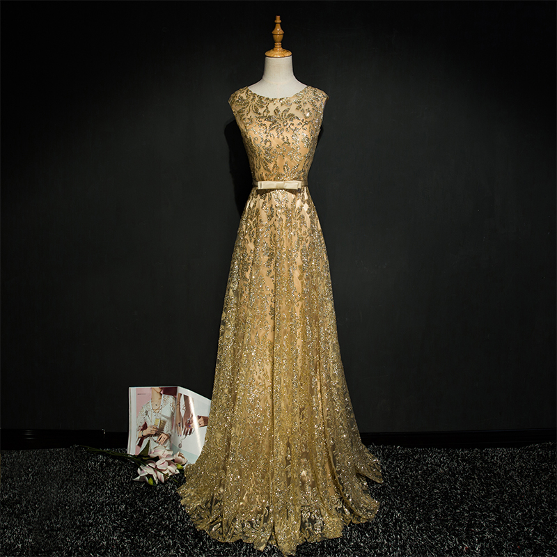 Gold Lace Sequins And Embroidery Long Prom Dresses 2017 Elegant Formal Evening Gowns