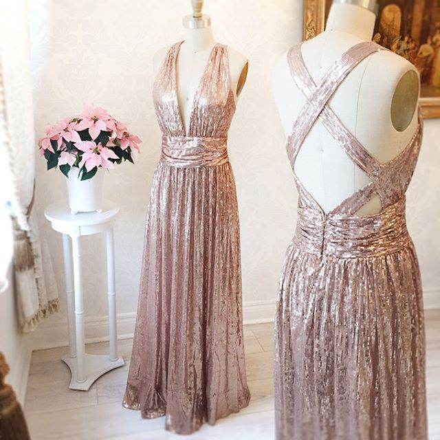 Gorgeous A-line Long Rose Gold Prom Dress Bridesmaid Dress With Criss Cross Back