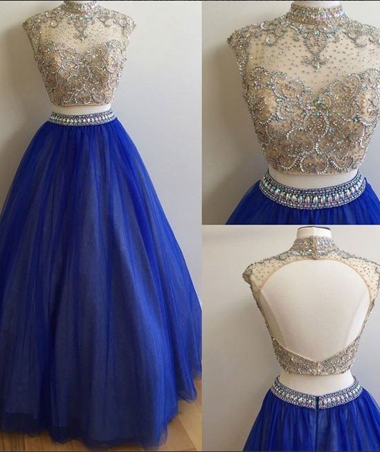 Blue Round Neck Tulle Sequin Two Pieces Long Prom Dress, Evening Dress