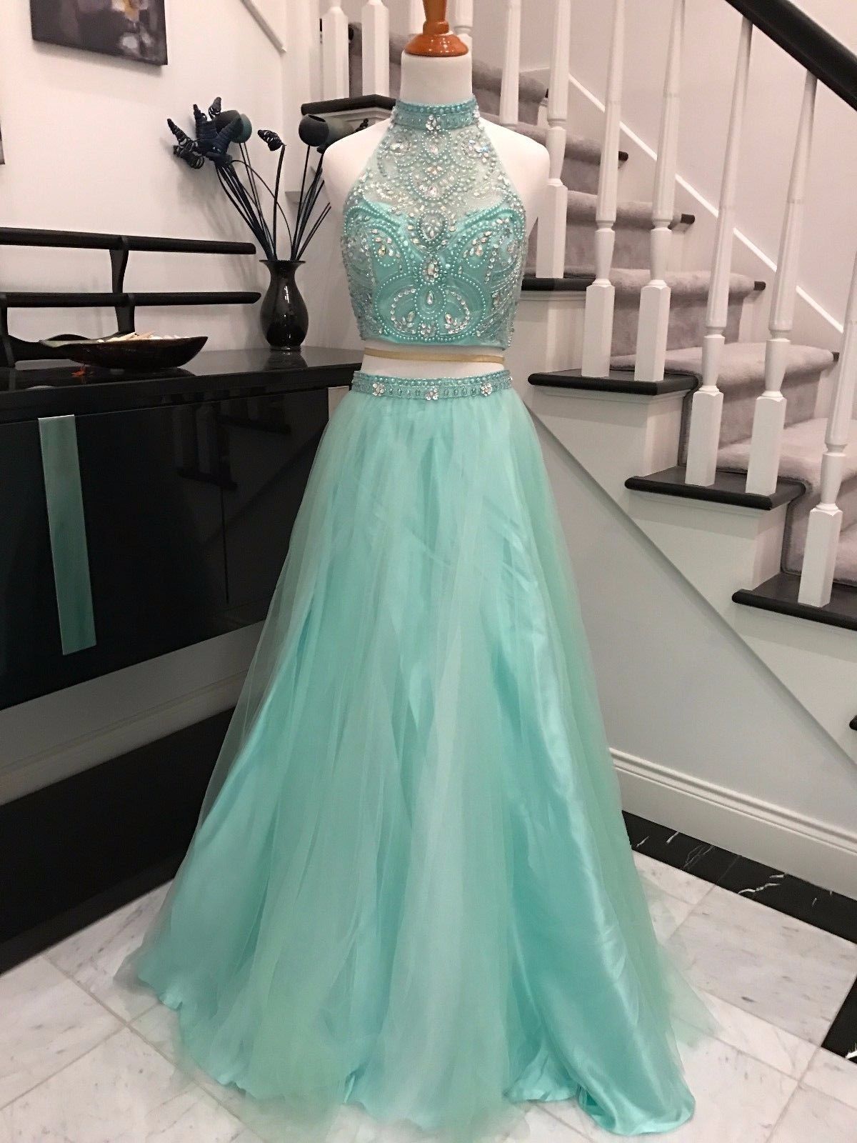 Beaded Embellished Two-piece Prom Dress Featuring High Halter Crop Top And Floor Length Tulle A-line Skirt