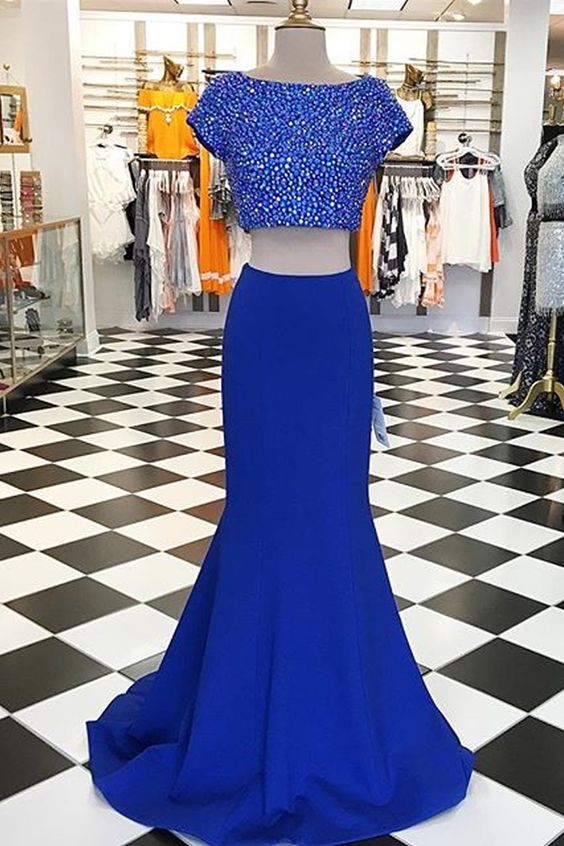 Modern Two Piece Prom Dress, Short Sleeves Prom Dress,beading Evening Dress,short Sleeves Blue Party Dress