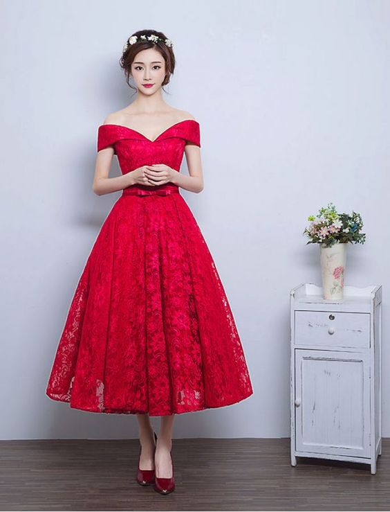 2017 Custom Made Red Lace Prom Dress,sexy Off The Shoulder Evening Dress, Ankle Length Evening Dress,sleeveless Party Dress