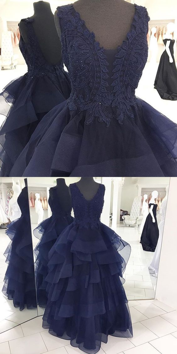 2017 Custom Made Navy Blue Prom Dress,appliques Beaded Evening Dress,v-neck Party Dress,high Quality
