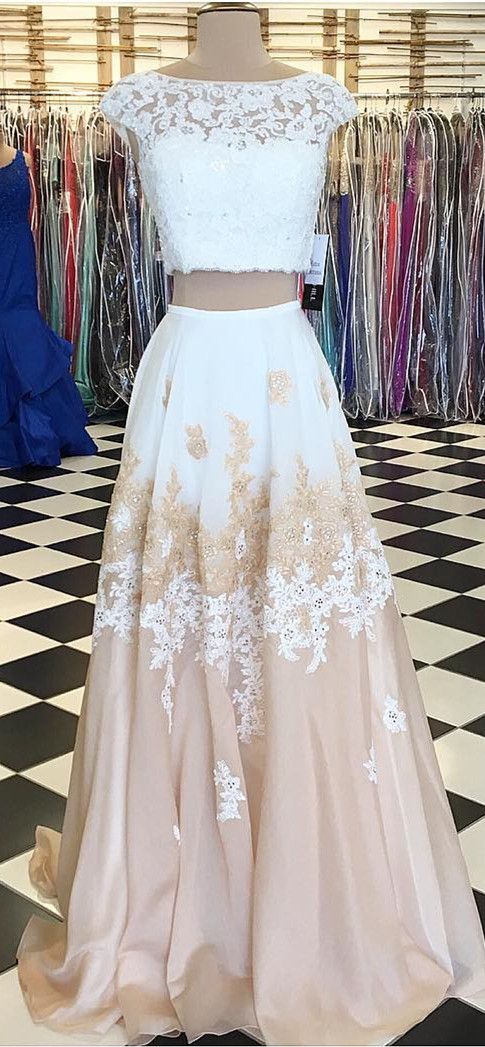 Two-piece Formal Dress Featuring Lace Bateau Neck Cap Sleeves Crop Top And Floor Length A-line Skirt