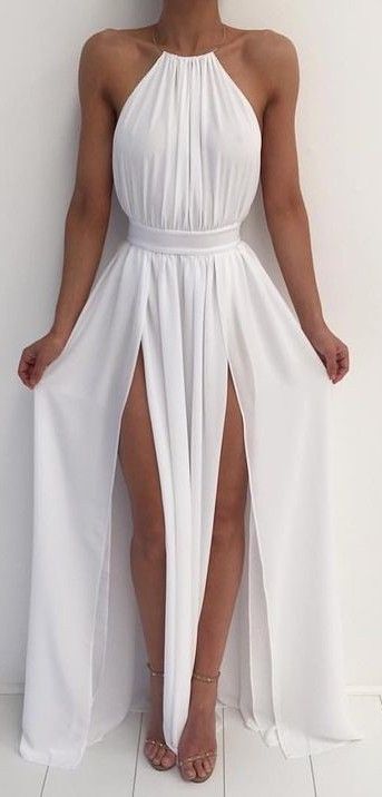 White Chiffon Prom Dress Sexy Slit Prom Dress Long Evening Dress