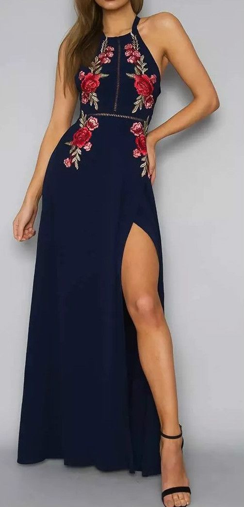 2017 High Quality Black Prom Dress,fashion Embroidery Evening Dress,sexy Halter And Side Slit Party Dress.