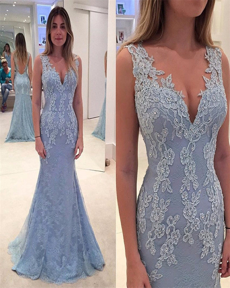 Elegant Lace Evening Dress, Blue Prom Dress, Long Prom Dress, Lace Prom
