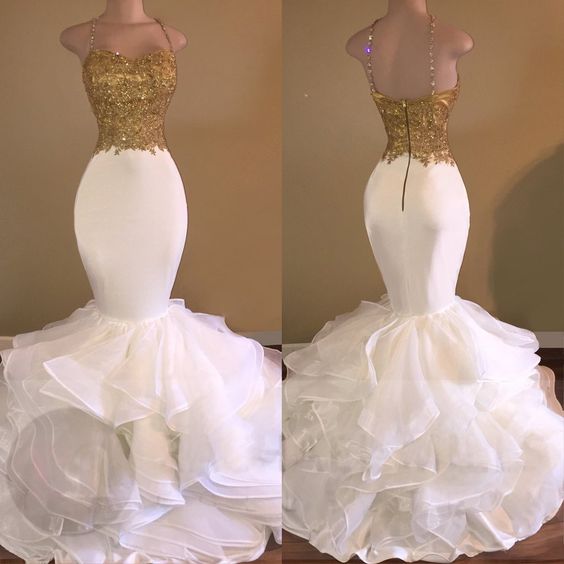 2017 Popular Gold Beaded Prom Dress,spagnetti Straps Party Dress,white Mermaid Party Dress,high Quality