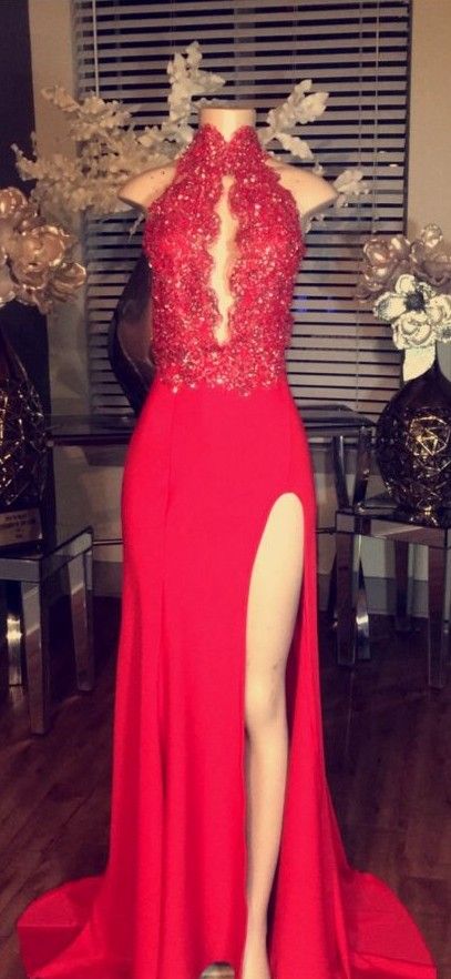 2017 Red Chiffon Prom Dresses Keyhole High Neck Lace Appliques Side Split Formal Gowns