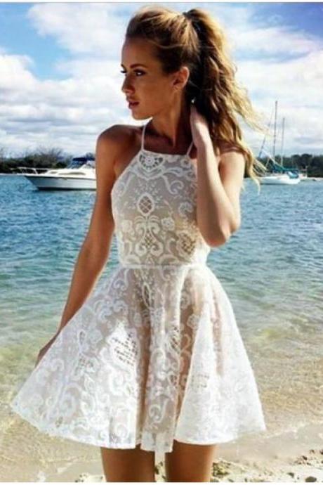 A-line Halter Short White Criss-Cross Straps Lace Homecoming Dress With Pleats