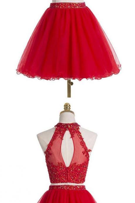 Two-piece Scoop Short Red Beaded Homecoming Dress With Appliques Sequins